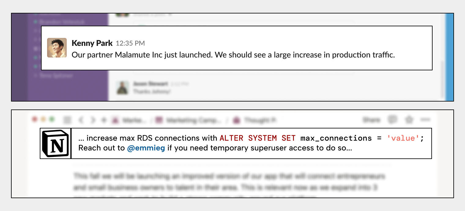 Alerts, Slack messages, and logs and metrics are summarized by Aura to provide incident response steps.
